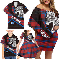 Scotland Family Matching Off Shoulder Short Dress and Hawaiian Shirt with Red Blue Tartan Pattern with Unicorn Illustration Saltire Flag and Where Tartan Meets Myth Quote Design - Wonder Print Shop