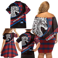 Scotland Family Matching Off Shoulder Short Dress and Hawaiian Shirt with Red Blue Tartan Pattern with Unicorn Illustration Saltire Flag and Where Tartan Meets Myth Quote Design - Wonder Print Shop