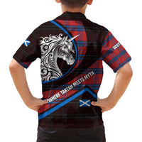 Scotland Family Matching Puletasi and Hawaiian Shirt with Red Blue Tartan Pattern with Unicorn Illustration Saltire Flag and Where Tartan Meets Myth Quote Design - Wonder Print Shop