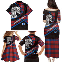 Scotland Family Matching Puletasi and Hawaiian Shirt with Red Blue Tartan Pattern with Unicorn Illustration Saltire Flag and Where Tartan Meets Myth Quote Design - Wonder Print Shop