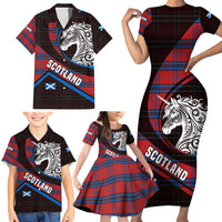 Scotland Family Matching Short Sleeve Bodycon Dress and Hawaiian Shirt with Red Blue Tartan Pattern with Unicorn Illustration Saltire Flag and Where Tartan Meets Myth Quote Design - Wonder Print Shop
