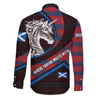 Scotland Family Matching Short Sleeve Bodycon Dress and Hawaiian Shirt with Red Blue Tartan Pattern with Unicorn Illustration Saltire Flag and Where Tartan Meets Myth Quote Design - Wonder Print Shop