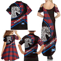 Scotland Family Matching Summer Maxi Dress and Hawaiian Shirt with Red Blue Tartan Pattern with Unicorn Illustration Saltire Flag and Where Tartan Meets Myth Quote Design - Wonder Print Shop