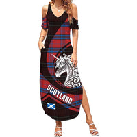 Scotland Family Matching Summer Maxi Dress and Hawaiian Shirt with Red Blue Tartan Pattern with Unicorn Illustration Saltire Flag and Where Tartan Meets Myth Quote Design - Wonder Print Shop