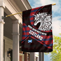 Scotland Garden Flag with Red Blue Tartan Pattern with Unicorn Illustration Saltire Flag and Where Tartan Meets Myth Quote Design - Wonder Print Shop