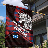Scotland Garden Flag with Red Blue Tartan Pattern with Unicorn Illustration Saltire Flag and Where Tartan Meets Myth Quote Design - Wonder Print Shop