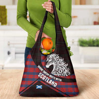 Scotland Grocery Bag with Red Blue Tartan Pattern with Unicorn Illustration Saltire Flag and Where Tartan Meets Myth Quote Design - Wonder Print Shop