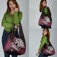 Scotland Grocery Bag with Red Blue Tartan Pattern with Unicorn Illustration Saltire Flag and Where Tartan Meets Myth Quote Design - Wonder Print Shop