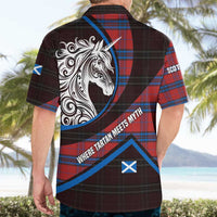Scotland Hawaiian Shirt with Red Blue Tartan Pattern with Unicorn Illustration Saltire Flag and Where Tartan Meets Myth Quote Design - Wonder Print Shop