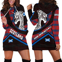 Scotland Hoodie Dress with Red Blue Tartan Pattern with Unicorn Illustration Saltire Flag and Where Tartan Meets Myth Quote Design - Wonder Print Shop