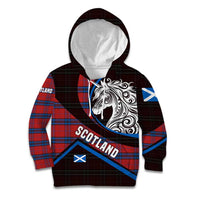Scotland Kid Hoodie with Red Blue Tartan Pattern with Unicorn Illustration Saltire Flag and Where Tartan Meets Myth Quote Design - Wonder Print Shop