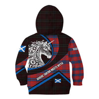 Scotland Kid Hoodie with Red Blue Tartan Pattern with Unicorn Illustration Saltire Flag and Where Tartan Meets Myth Quote Design - Wonder Print Shop