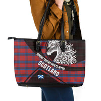 Scotland Leather Tote Bag with Red Blue Tartan Pattern with Unicorn Illustration Saltire Flag and Where Tartan Meets Myth Quote Design - Wonder Print Shop