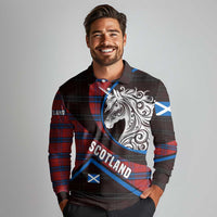 Scotland Long Sleeve Polo Shirt with Red Blue Tartan Pattern with Unicorn Illustration Saltire Flag and Where Tartan Meets Myth Quote Design - Wonder Print Shop