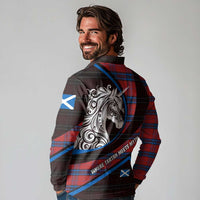 Scotland Long Sleeve Polo Shirt with Red Blue Tartan Pattern with Unicorn Illustration Saltire Flag and Where Tartan Meets Myth Quote Design - Wonder Print Shop