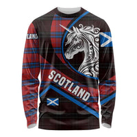 Scotland Long Sleeve Shirt with Red Blue Tartan Pattern with Unicorn Illustration Saltire Flag and Where Tartan Meets Myth Quote Design - Wonder Print Shop