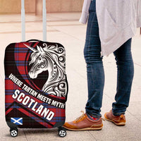 Scotland Luggage Cover with Red Blue Tartan Pattern with Unicorn Illustration Saltire Flag and Where Tartan Meets Myth Quote Design - Wonder Print Shop