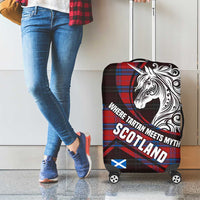 Scotland Luggage Cover with Red Blue Tartan Pattern with Unicorn Illustration Saltire Flag and Where Tartan Meets Myth Quote Design - Wonder Print Shop