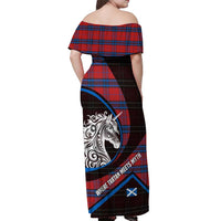 Scotland Off Shoulder Maxi Dress with Red Blue Tartan Pattern with Unicorn Illustration Saltire Flag and Where Tartan Meets Myth Quote Design - Wonder Print Shop