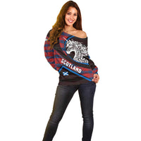 Scotland Off Shoulder Sweater with Red Blue Tartan Pattern with Unicorn Illustration Saltire Flag and Where Tartan Meets Myth Quote Design - Wonder Print Shop