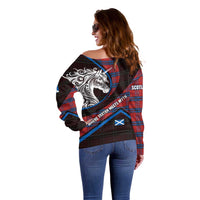 Scotland Off Shoulder Sweater with Red Blue Tartan Pattern with Unicorn Illustration Saltire Flag and Where Tartan Meets Myth Quote Design - Wonder Print Shop