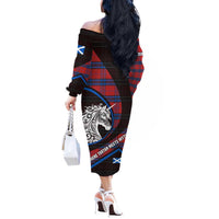 Scotland Off The Shoulder Long Sleeve Dress with Red Blue Tartan Pattern with Unicorn Illustration Saltire Flag and Where Tartan Meets Myth Quote Design - Wonder Print Shop
