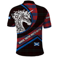 Scotland Polo Shirt with Red Blue Tartan Pattern with Unicorn Illustration Saltire Flag and Where Tartan Meets Myth Quote Design - Wonder Print Shop