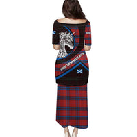Scotland Puletasi with Red Blue Tartan Pattern with Unicorn Illustration Saltire Flag and Where Tartan Meets Myth Quote Design - Wonder Print Shop
