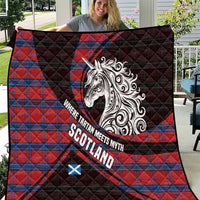 Scotland Quilt with Red Blue Tartan Pattern with Unicorn Illustration Saltire Flag and Where Tartan Meets Myth Quote Design - Wonder Print Shop