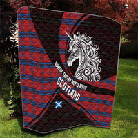 Scotland Quilt with Red Blue Tartan Pattern with Unicorn Illustration Saltire Flag and Where Tartan Meets Myth Quote Design - Wonder Print Shop