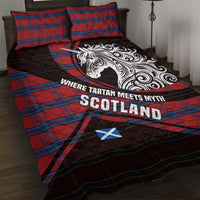 Scotland Quilt Bed Set with Red Blue Tartan Pattern with Unicorn Illustration Saltire Flag and Where Tartan Meets Myth Quote Design - Wonder Print Shop