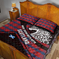Scotland Quilt Bed Set with Red Blue Tartan Pattern with Unicorn Illustration Saltire Flag and Where Tartan Meets Myth Quote Design - Wonder Print Shop