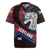 Scotland Rugby Jersey with Red Blue Tartan Pattern with Unicorn Illustration Saltire Flag and Where Tartan Meets Myth Quote Design - Wonder Print Shop