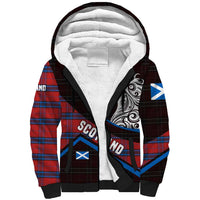 Scotland Sherpa Hoodie with Red Blue Tartan Pattern with Unicorn Illustration Saltire Flag and Where Tartan Meets Myth Quote Design - Wonder Print Shop