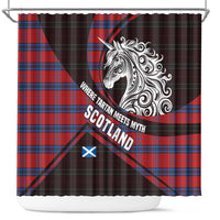 Scotland Shower Curtain with Red Blue Tartan Pattern with Unicorn Illustration Saltire Flag and Where Tartan Meets Myth Quote Design - Wonder Print Shop