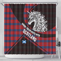 Scotland Shower Curtain with Red Blue Tartan Pattern with Unicorn Illustration Saltire Flag and Where Tartan Meets Myth Quote Design - Wonder Print Shop