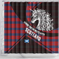 Scotland Shower Curtain with Red Blue Tartan Pattern with Unicorn Illustration Saltire Flag and Where Tartan Meets Myth Quote Design - Wonder Print Shop