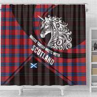 Scotland Shower Curtain with Red Blue Tartan Pattern with Unicorn Illustration Saltire Flag and Where Tartan Meets Myth Quote Design - Wonder Print Shop