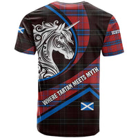 Scotland T Shirt with Red Blue Tartan Pattern with Unicorn Illustration Saltire Flag and Where Tartan Meets Myth Quote Design - Wonder Print Shop