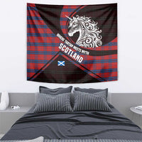 Scotland Tapestry with Red Blue Tartan Pattern with Unicorn Illustration Saltire Flag and Where Tartan Meets Myth Quote Design - Wonder Print Shop