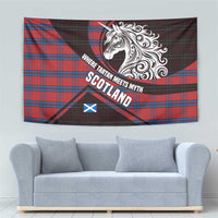Scotland Tapestry with Red Blue Tartan Pattern with Unicorn Illustration Saltire Flag and Where Tartan Meets Myth Quote Design - Wonder Print Shop