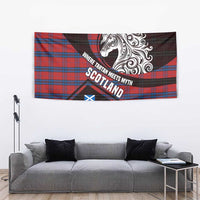 Scotland Tapestry with Red Blue Tartan Pattern with Unicorn Illustration Saltire Flag and Where Tartan Meets Myth Quote Design - Wonder Print Shop