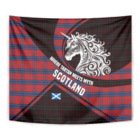 Scotland Tapestry with Red Blue Tartan Pattern with Unicorn Illustration Saltire Flag and Where Tartan Meets Myth Quote Design - Wonder Print Shop