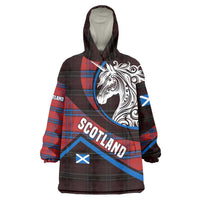 Scotland Wearable Blanket Hoodie with Red Blue Tartan Pattern with Unicorn Illustration Saltire Flag and Where Tartan Meets Myth Quote Design - Wonder Print Shop
