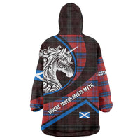 Scotland Wearable Blanket Hoodie with Red Blue Tartan Pattern with Unicorn Illustration Saltire Flag and Where Tartan Meets Myth Quote Design - Wonder Print Shop