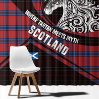 Scotland Window Curtain with Red Blue Tartan Pattern with Unicorn Illustration Saltire Flag and Where Tartan Meets Myth Quote Design - Wonder Print Shop