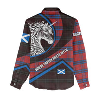 Scotland Women Casual Shirt with Red Blue Tartan Pattern with Unicorn Illustration Saltire Flag and Where Tartan Meets Myth Quote Design - Wonder Print Shop