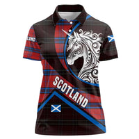 Scotland Women Polo Shirt with Red Blue Tartan Pattern with Unicorn Illustration Saltire Flag and Where Tartan Meets Myth Quote Design - Wonder Print Shop