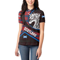 Scotland Women Polo Shirt with Red Blue Tartan Pattern with Unicorn Illustration Saltire Flag and Where Tartan Meets Myth Quote Design - Wonder Print Shop