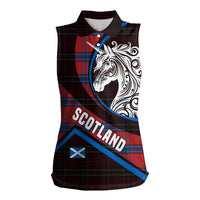 Scotland Women Sleeveless Polo Shirt with Red Blue Tartan Pattern with Unicorn Illustration Saltire Flag and Where Tartan Meets Myth Quote Design - Wonder Print Shop